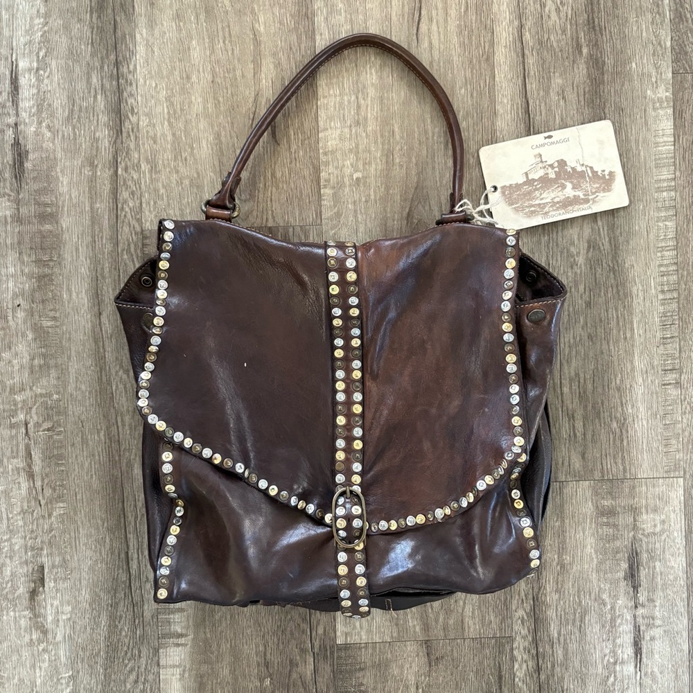 Campomaggi Dark Brown Leather Studded Messenger Bag